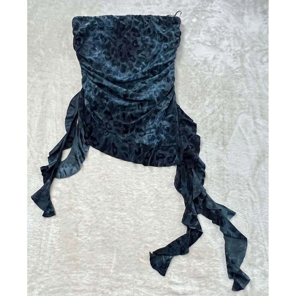 EUC Thirty Thirty LA Teal Leopard Burnout Velvet Ruched Ruffle Tube Top Size S
